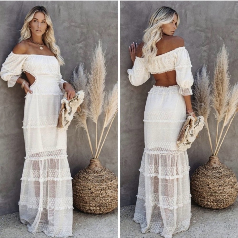 Skylar Rose NWT Small Lace Tiered Open Back Romantic Boho Maxi Dress Cottage
